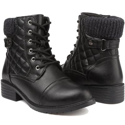 Bequeme Kurze Plateau Motorrad Wasserdichte Knöchel Lederstiefel für Damen [todaysunny] Damenstiefel, Stiefel, Schnürung High-Top Schwarz, Mode,