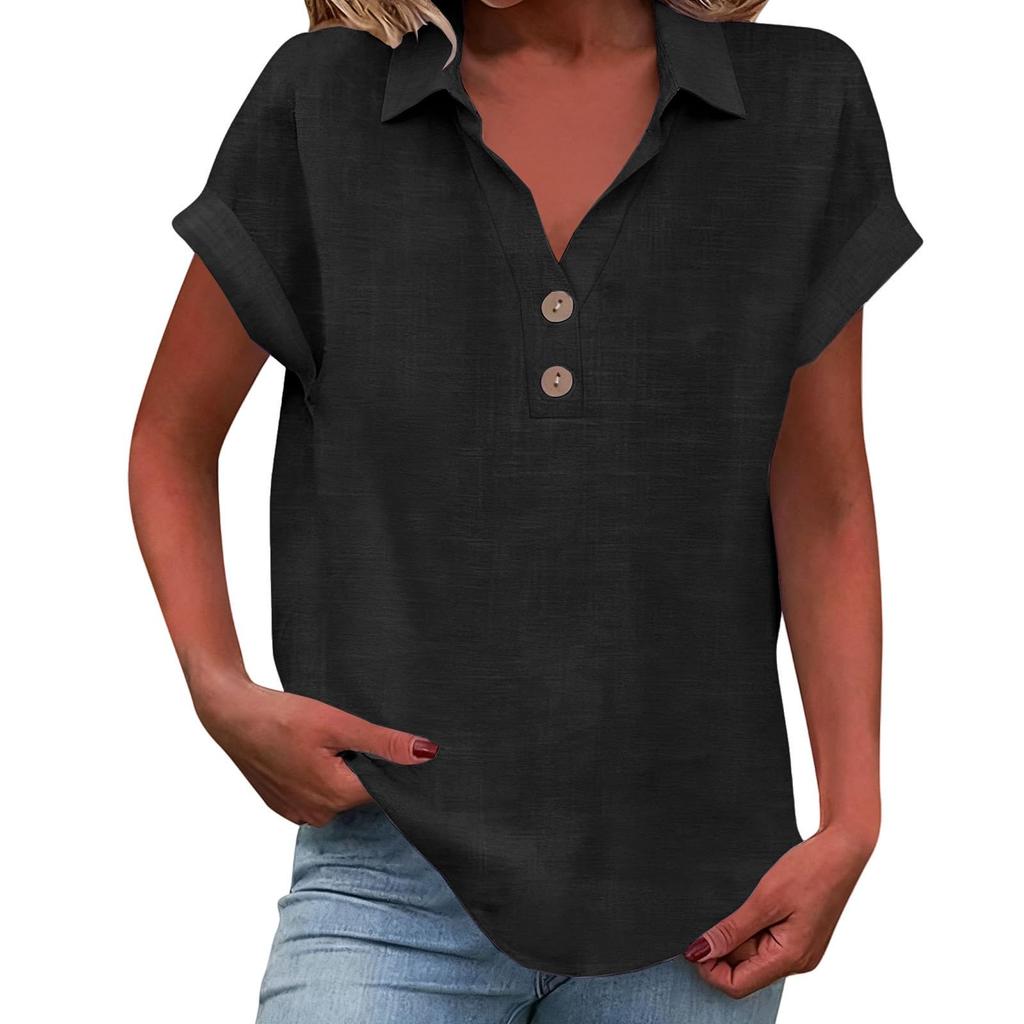 Women's Fashion Casual ,Colour Button,Down Collar Short,Sleeved Shirt T,Shirt Top