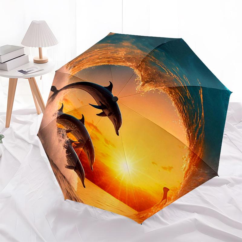1pc Ocean Sunset Dolphins Wave Umbrella with Plastic Handle,Suitable for All Seasons Home Travel Outdoor UmbrellaDD345