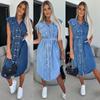 Vestido camisero vaquero para mujer, sin mangas, con botones y solapa, informal, de verano