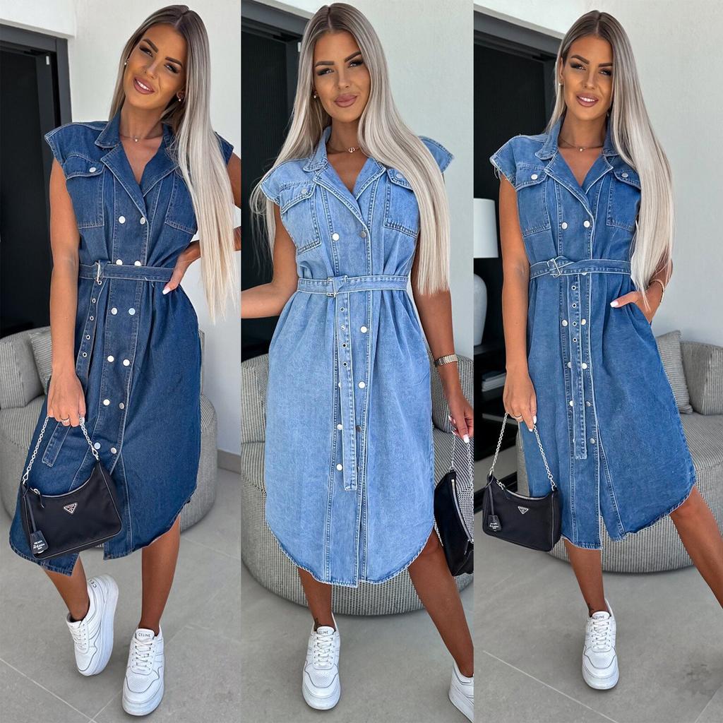 Vestido camisero vaquero para mujer, sin mangas, con botones y solapa, informal, de verano