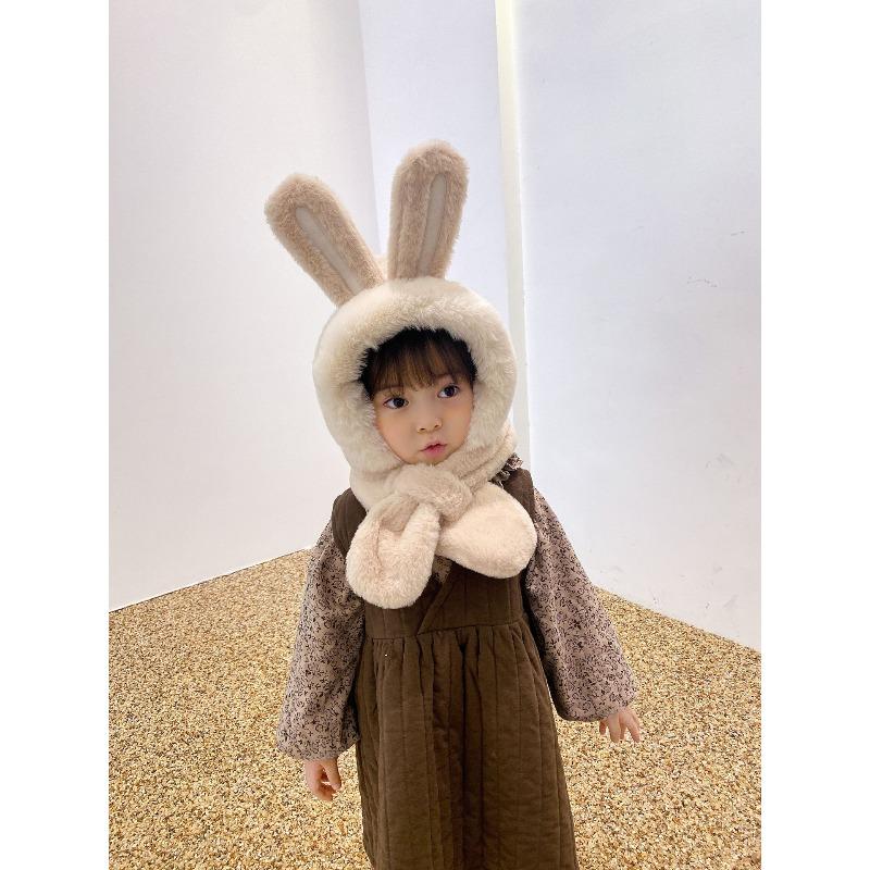 New Rabbit Ears Children's Hat and Scarf All in One Hat Warm Ear Protection Plus Plush Baby Plush Scarf Hat