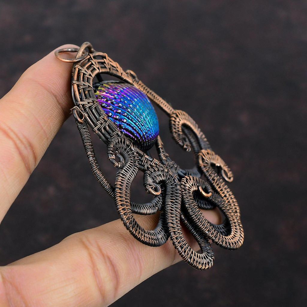 Titanium Coated Shell Pendant Copper Wire Wrapped Gemstone Pendant Octopus Pendant Handmade Band New Pendant Copper Jewelry Engagement Gifts