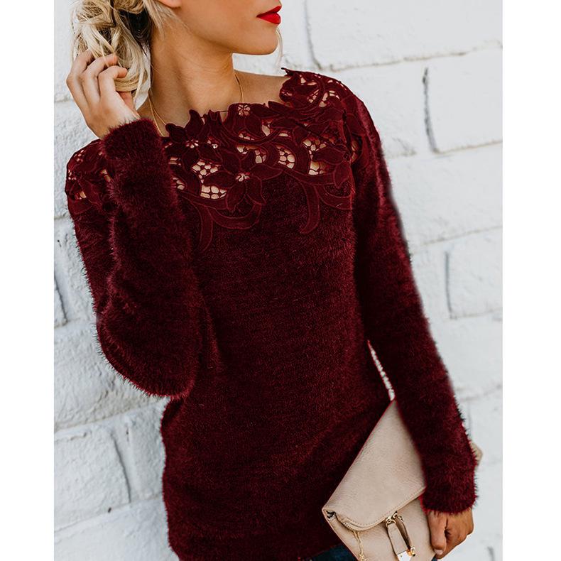 In-Stock 2025 Women's Solid Color Patchwork Lace Trim Long-Sleeved Sweater (OM8819)