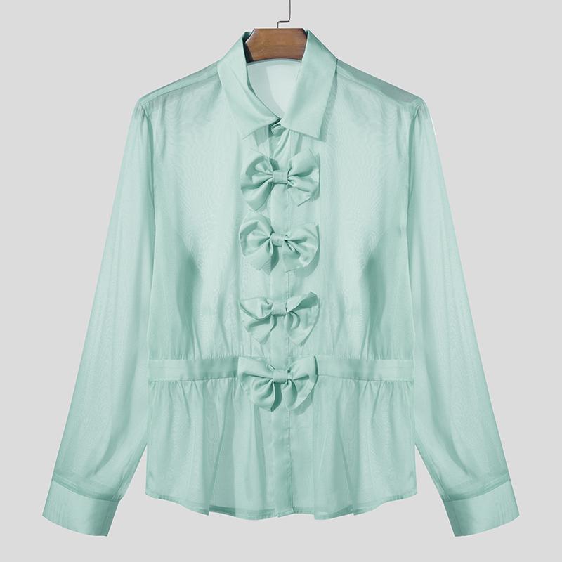 INCERUN Men Long Sleeve Bow Knot Mesh Sheer Hollow Out Party T-shirts Tops