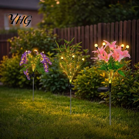 Solar Garden Lights Outdoor Waterproof 2Pcs Artificial Flower Lights, Lily Bamboo Wisteria Stake Warm White Firefly Pathway Lighting Powered for Yard