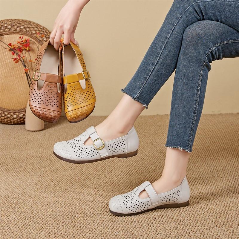 Women's Sandals Shoe Flat and Comfortable HoleHole Mary Jane Shoes Women Genuine Leather Summer Hollow Out Female Shoes