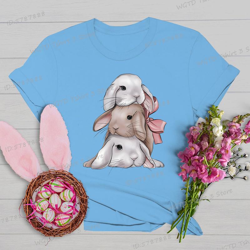 Easter Rabbit Shirts and Blouses Women Gift for Christian Crew Neck Short Sleeve Tshirt Cute Animal Bunny Easter Cartoon Tshirt