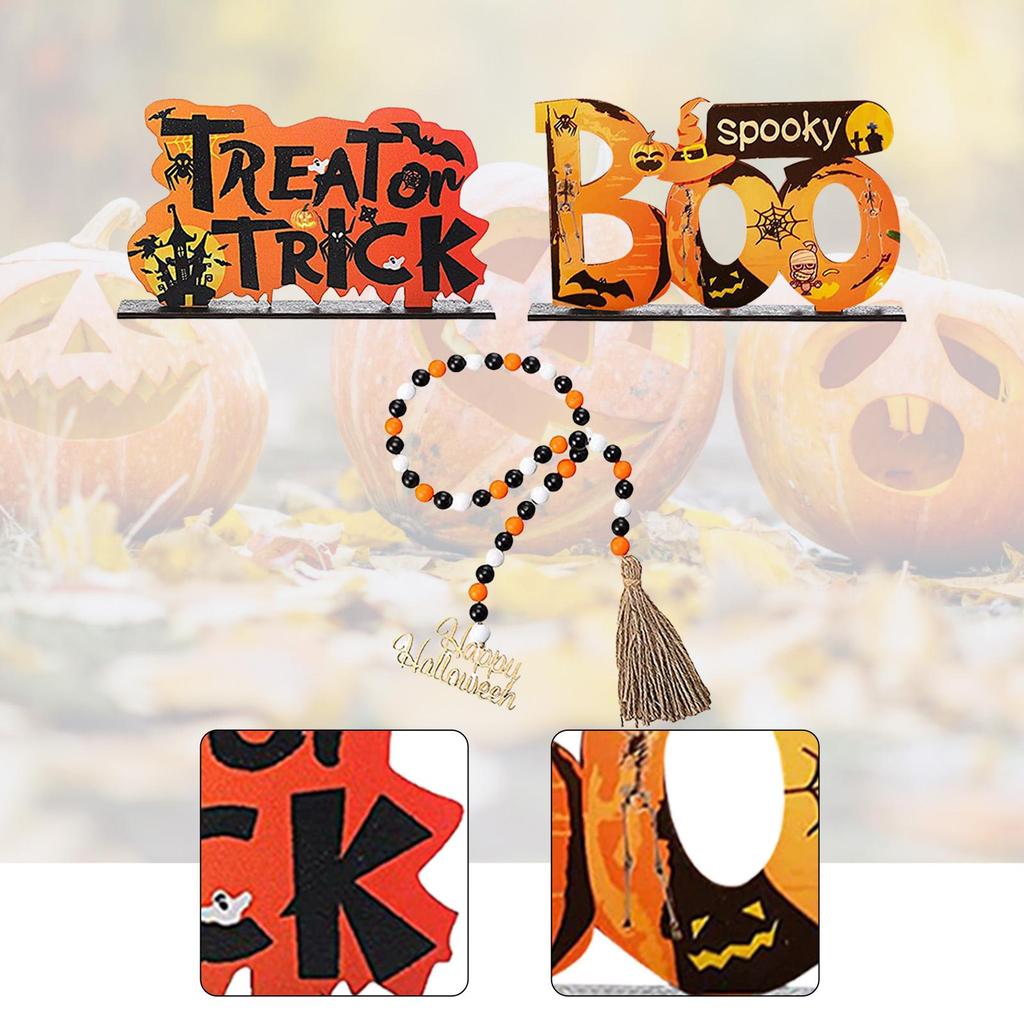 Halloween Tiered Tray Decor Bead Garland Creepy Ornament Spooky Rustic Halloween Decor Wooden Signs for House Showcase Shelf