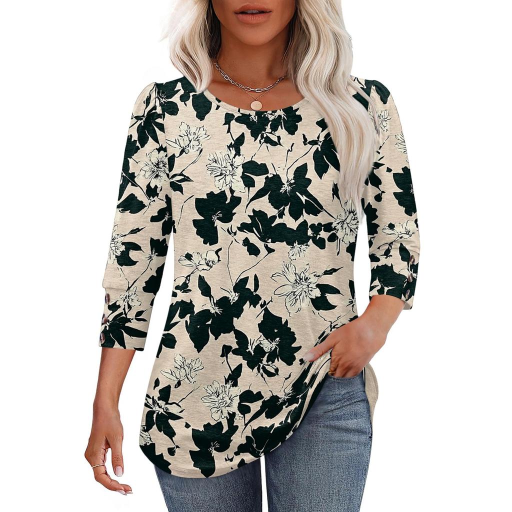 Women's Casual Round Neck Loose Three-Quarter Sleeve Top Blouse