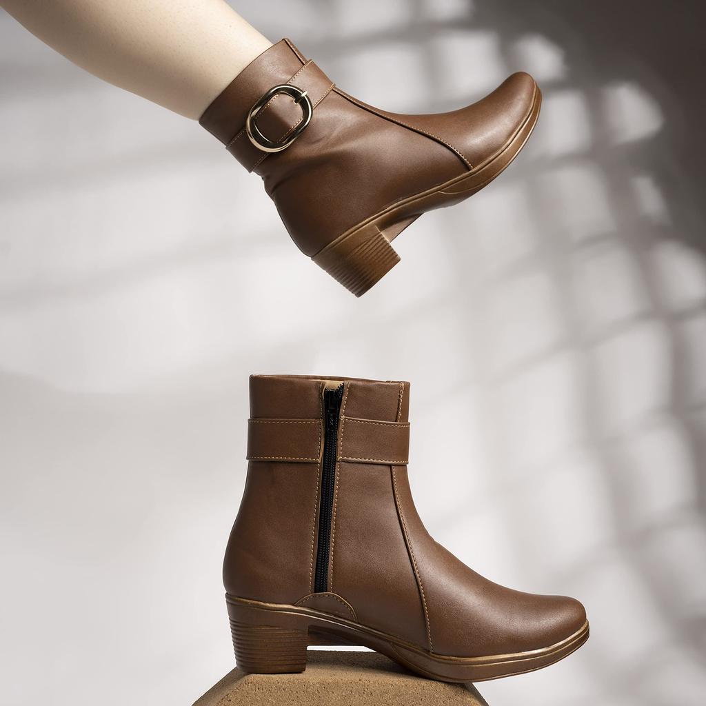 Shoetopia Womens  Chunky Heel Short Booties with Non-Slip Sole, Comfortable Trendy Ankle Boots | Soft Cushioned Sole | Casual, Party & Winter Wear