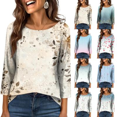 Modisches lässiges Rundhals-T-Shirt-Oberteil für Damen mit 3/4-Ärmeln und Aufdruck