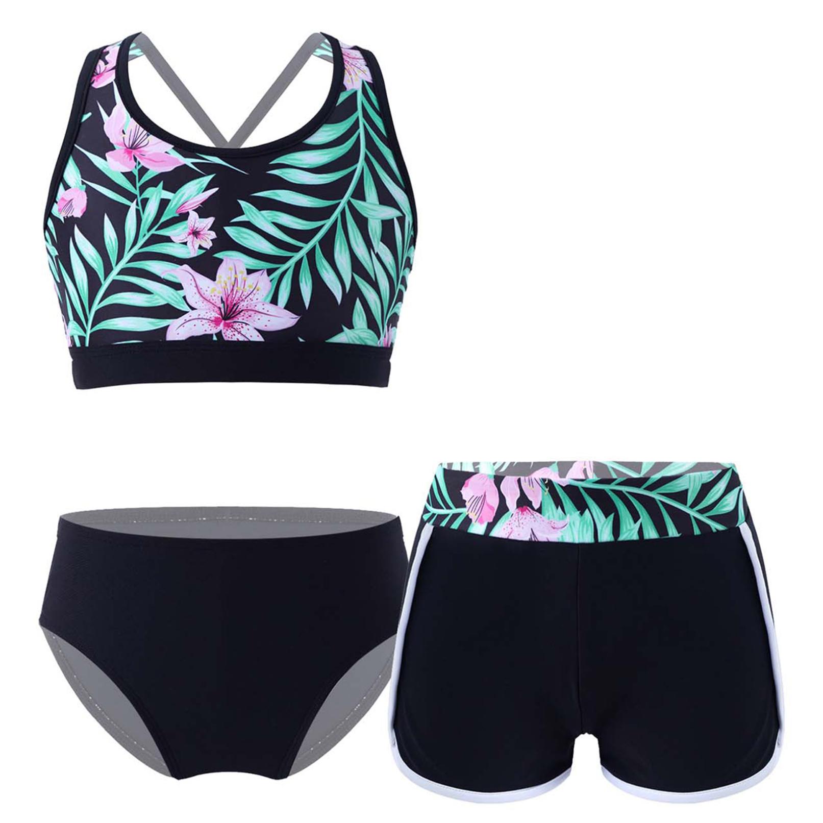 YONGHS 3-delige meisjesbikinisets met bloemenprint, badpak, rugloze top en bikinibroekjes, shorts, badkleding, maat 6-16 jaar 11-12 Years groen/zwart