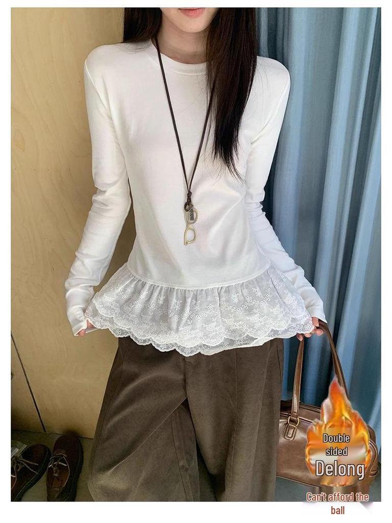 Korean Lace Thermal Slim-Fit Women's Long-Sleeve T-shirt, Autumn/Winter 2025 Style