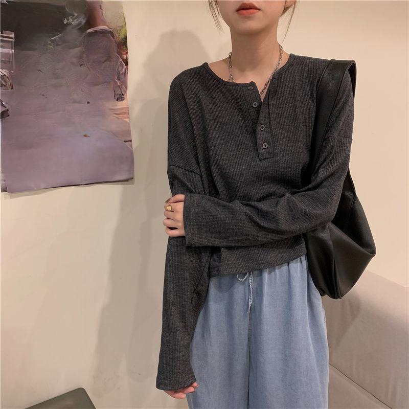 Long Sleeve T-shirts Women Elegant Simple Pure Button Design Retro Ins Autumn Ladies Tees Top All-match BF Style Mujer Clothes