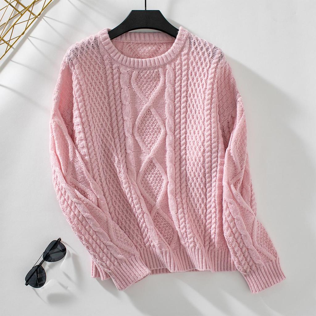 Drizzle Solid Cable Knit Pullover - Women's Loose Long Sleeve Sweater for Autumn and Winter