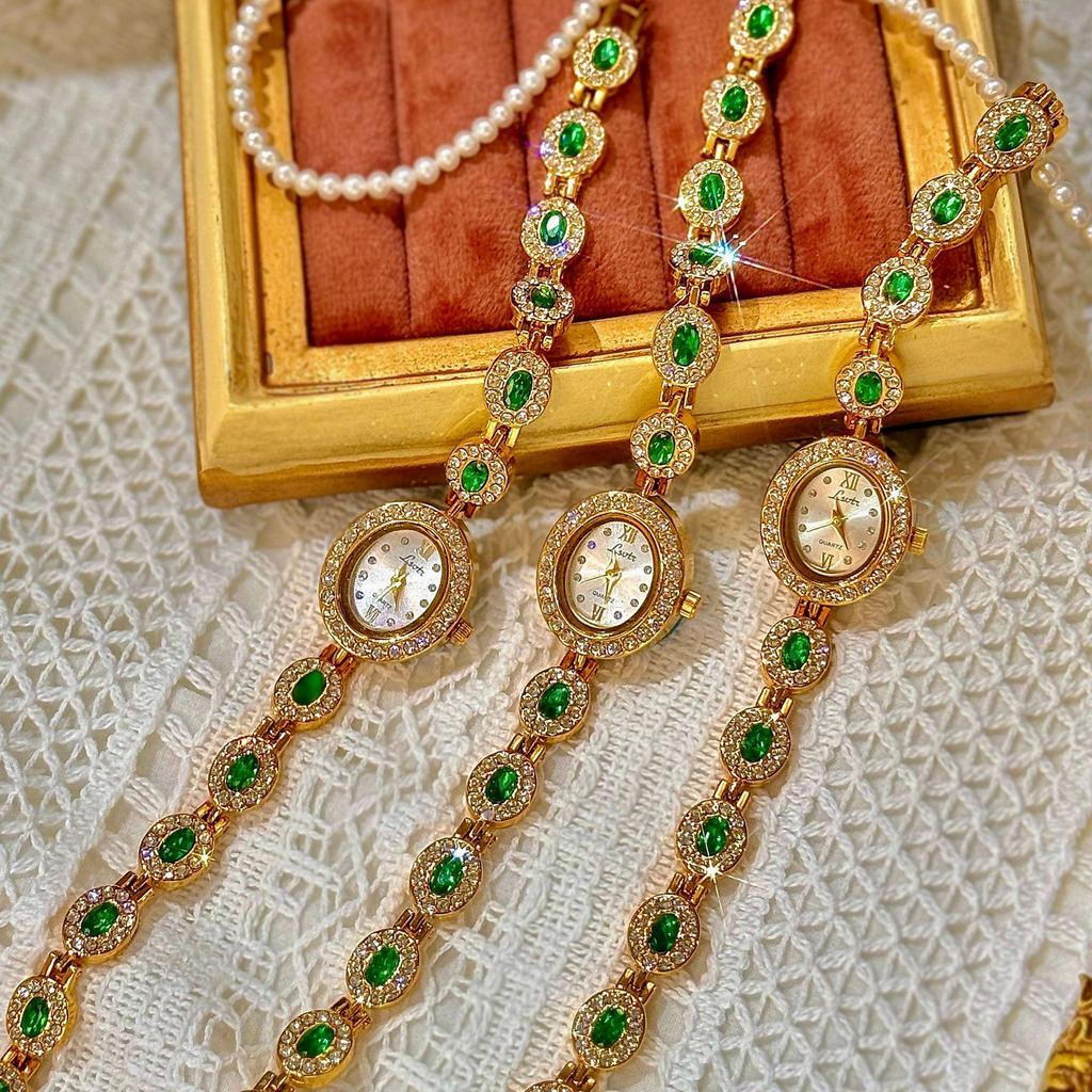 LSVTR Women's Vintage Trendy Oval Red and Green Gemstone Rainbow Light Luxury Watch