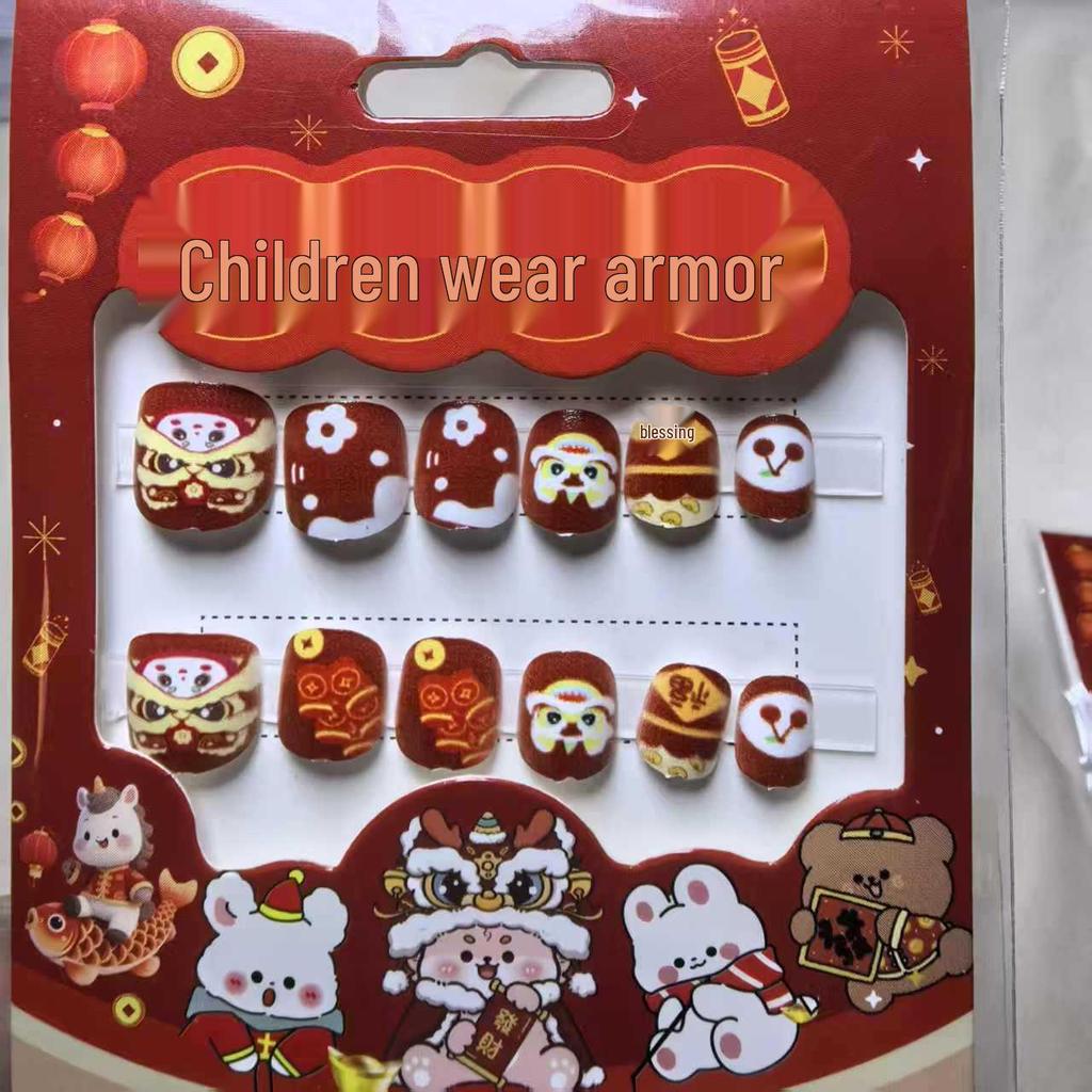 Children's Red Festive New Year Nail Stickers - Self-Adhesive Wearable Nail Art with Cat Design for Girls