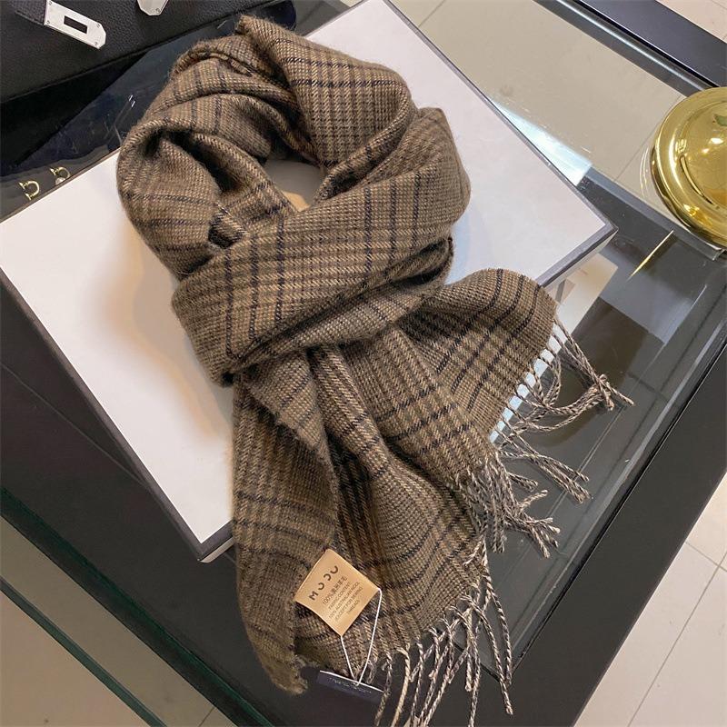Soft Pole-level Color 100 Wool Narrow Retro Style Plaid Men's and Women's Thermal Scarf Small Shawl