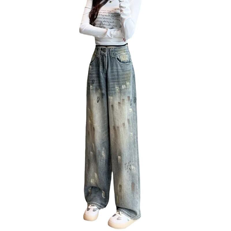 Vintage High-Waist Fleece-Lined Jeans for Women - 2024 Autumn/Winter, Slimming Straight/Wide-Leg Style