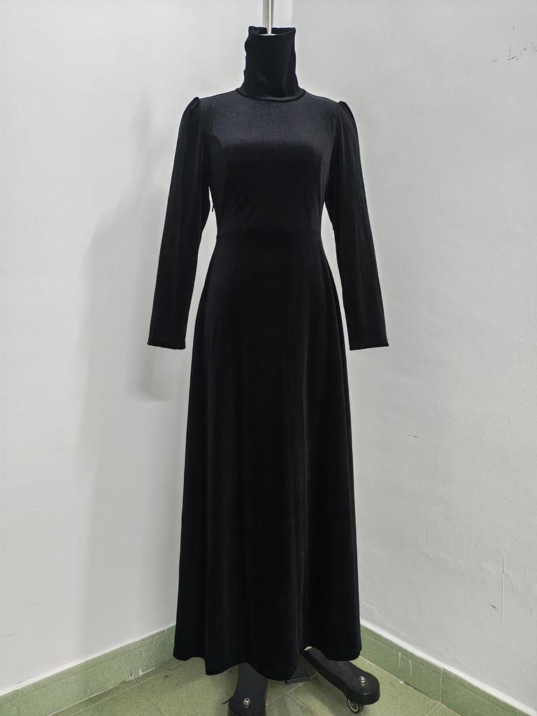 Elegant Gold Velvet High Collar Puff Sleeve Cinched Waist Long Dress for Autumn & Winter