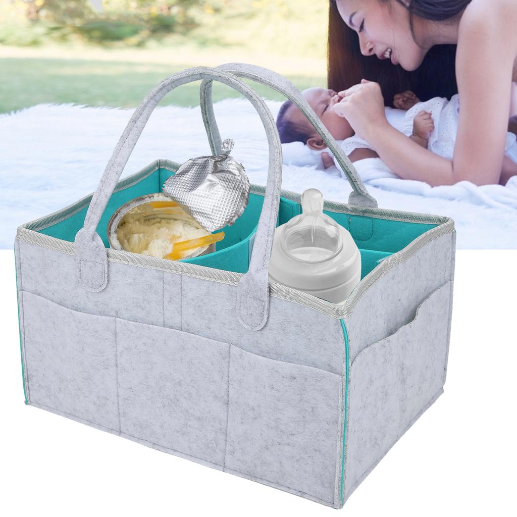 Baby Diaper Organizer Multiple Compartments Mommy Handbag Felt Travel Makeup Holder(Light GrayGreen