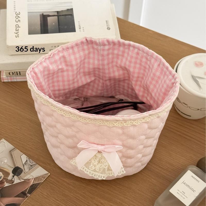 Cute Love Heart Storage Box Quilting Cotton Bow Desktop Storage Basket Large-Capacity Round Storage Frame Home Decoration