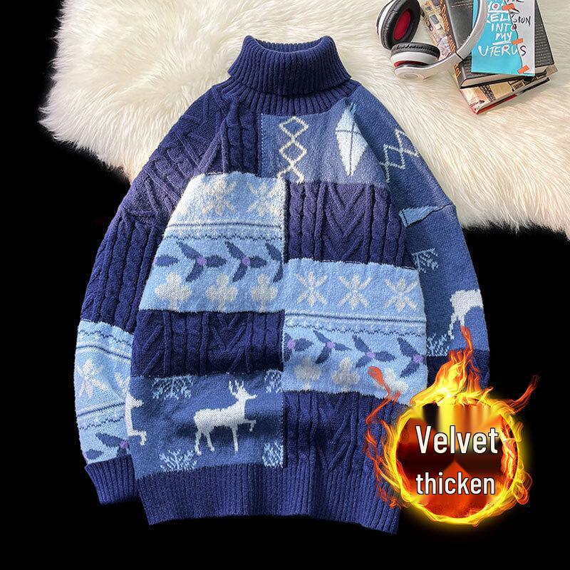 Vintage Turtleneck Knitwear: Men's Trendy Velvet Christmas Sweater - Autumn/Winter High-End Style