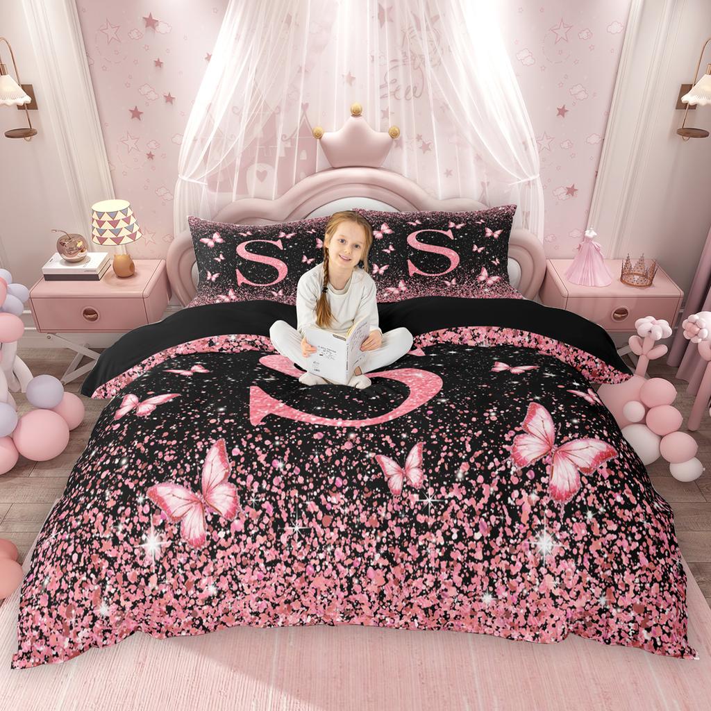 Homewish Initial Monogrammed Duvet Cover Set Black Pink Comforter Cover Set For Girls Butterfly Glitter Print Bed Set