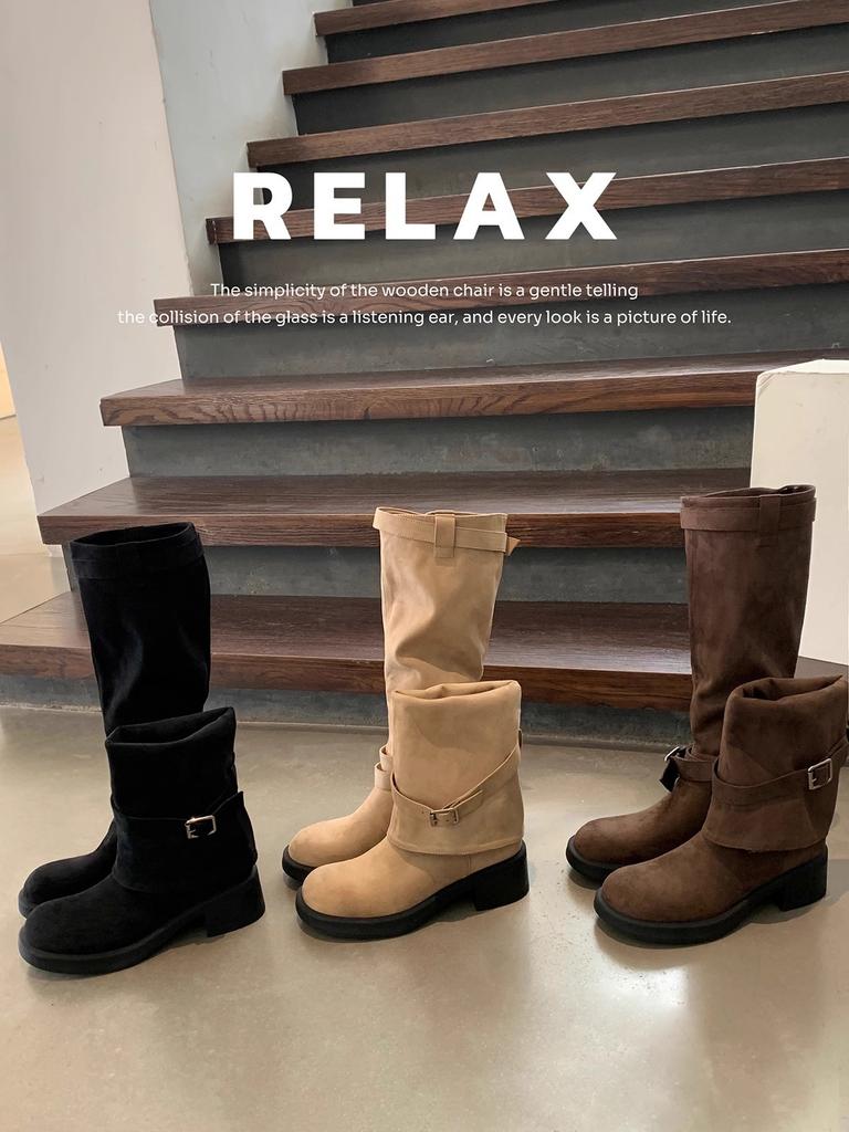 Grape mother wears the same style in two ways~ foldable thick heel buckle belt round head western pile boots women's thick-soled knight boots