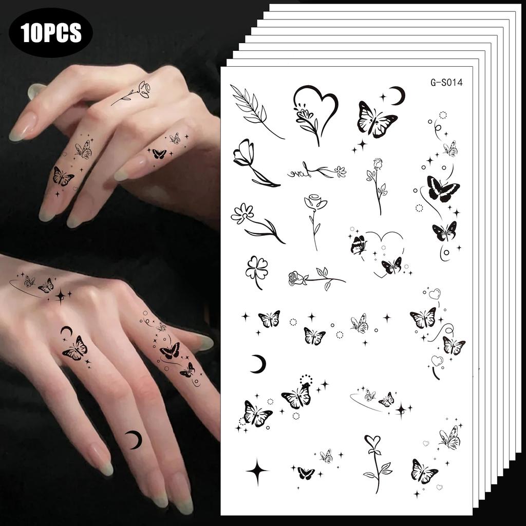 10pcs Finger Temporary Tattoo Sticker Black Butterfly Flower Body Arts Waterproof Magic Mini Pattern Semi Permanent Stickers