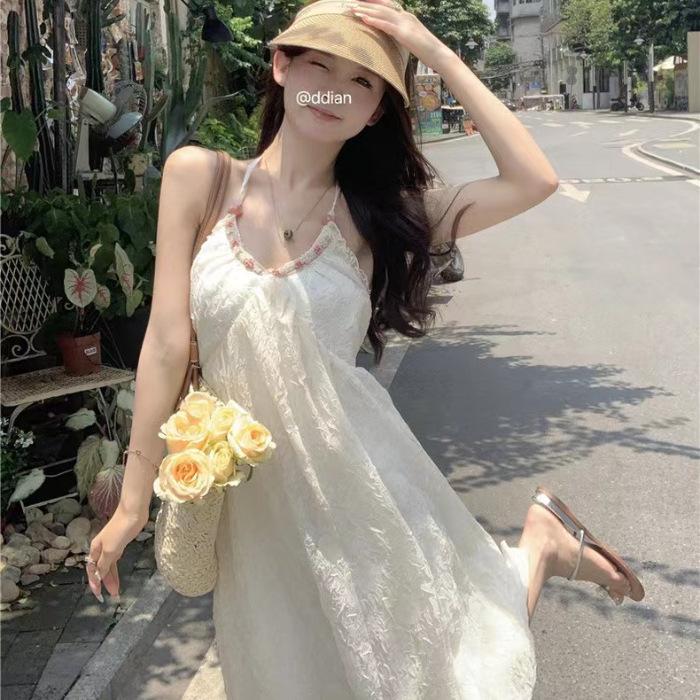 [Original Fabric] Pure Desire Neck Chiffon Dress Women's Summer Seaside Vacation French Halter Skirt White Long