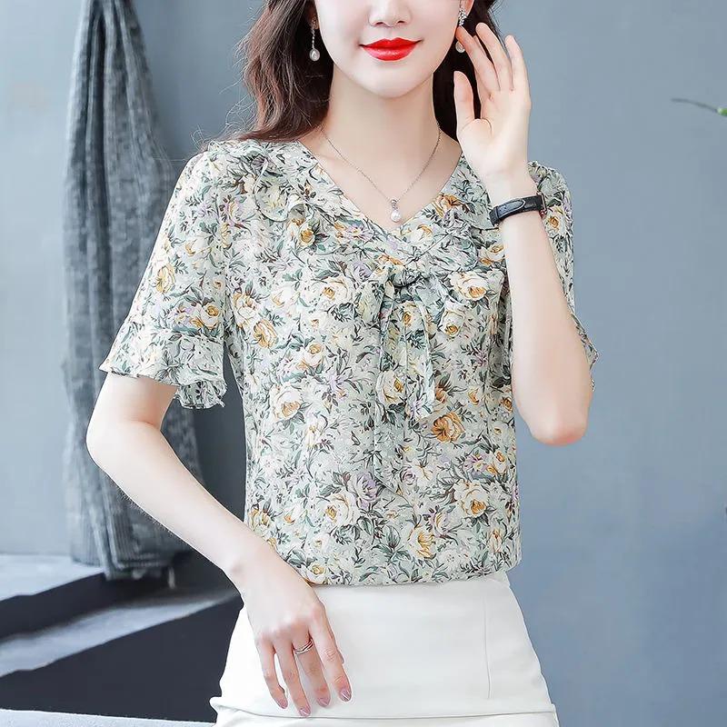 Kwiecista szyfonowa koszula z krótkim rękawem dla kobiet, letnia, nowa moda, wysokiej klasy, zagraniczny styl, wszechstronna i piękna koszula, top, lato