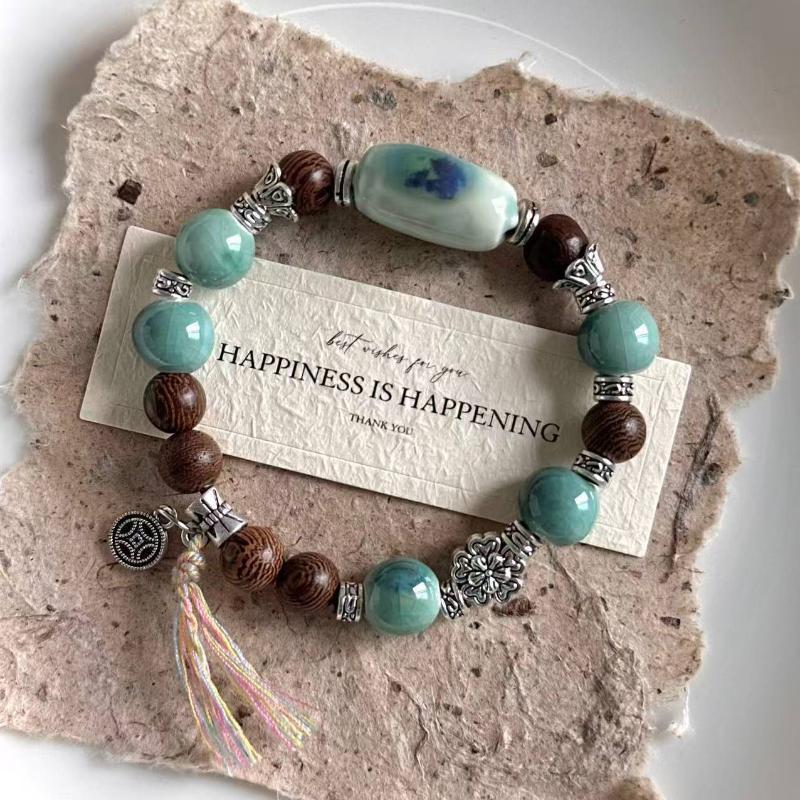 Boho Keramik Perlen Armband für Damen Zartrosa Rund mit Marmor Quadratischen Perlen, Elastisches Dehnbares Design für den Alltag & Geschenk