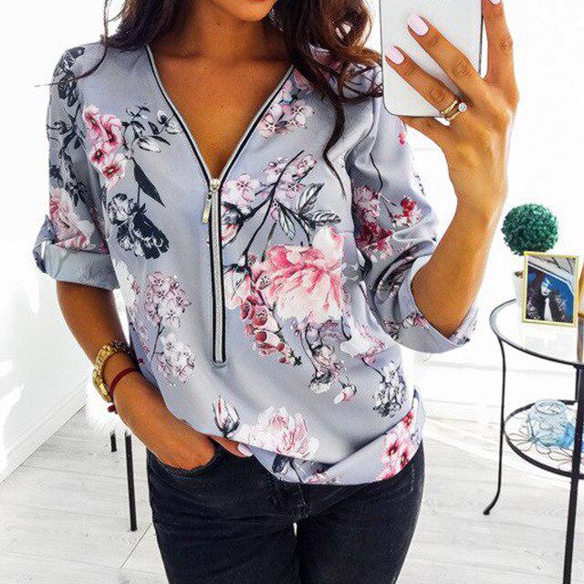 

Молния с длинным рукавом женские рубашки сексуальные V-образный вырез цветочные женские блузки и топы повседневные футболки XXL