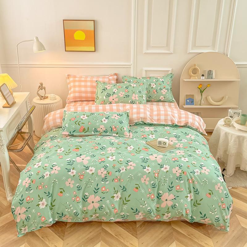 Čtyřdílná sada povlečení z prané bavlny, povlak na přikrývku, povlak na prostěradlo, jednoduchá sada v severském stylu