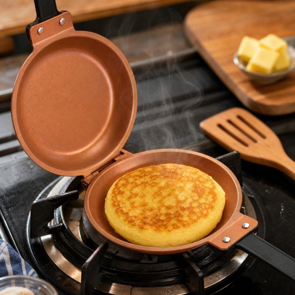 Doppelseitige Klapp-Bratpfanne zum Frühstückskochen