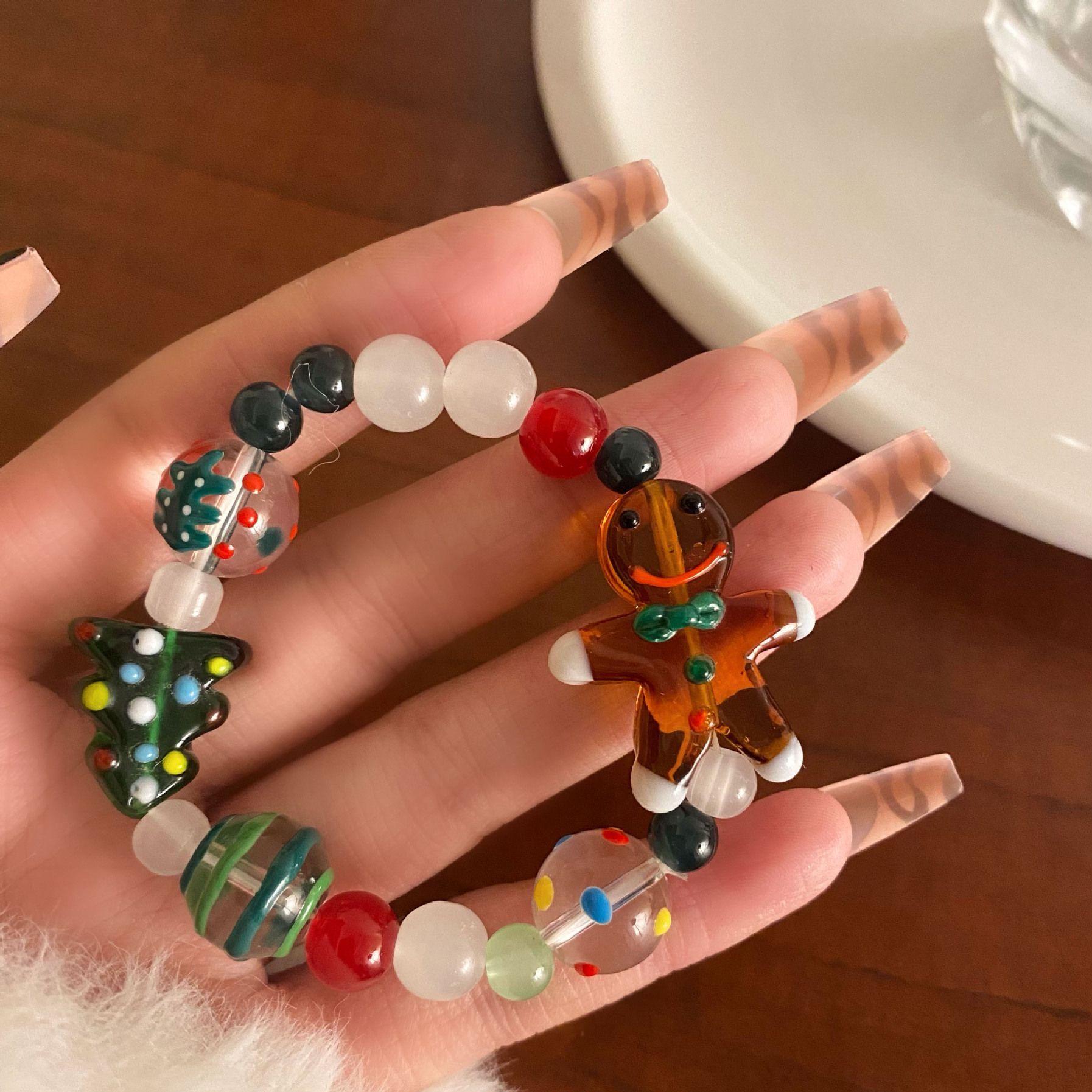 

Christmas Glass Gingerbread Man & Tree Beaded Bracelet Set