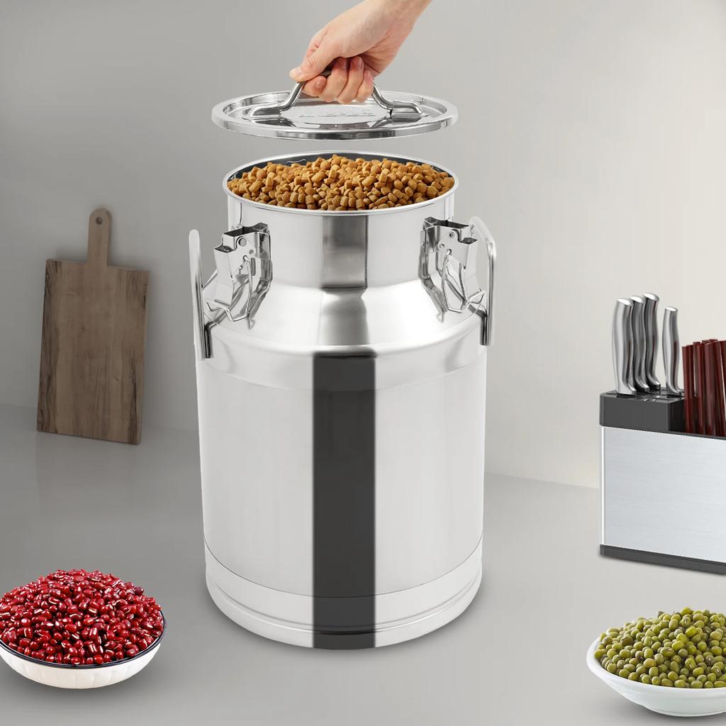 28L 304 Stainless Steel Sealed Storage Container, Milk Jug Brewing Can W/ Locking Lid & Handles, Airtight Dry Food Grain Bin