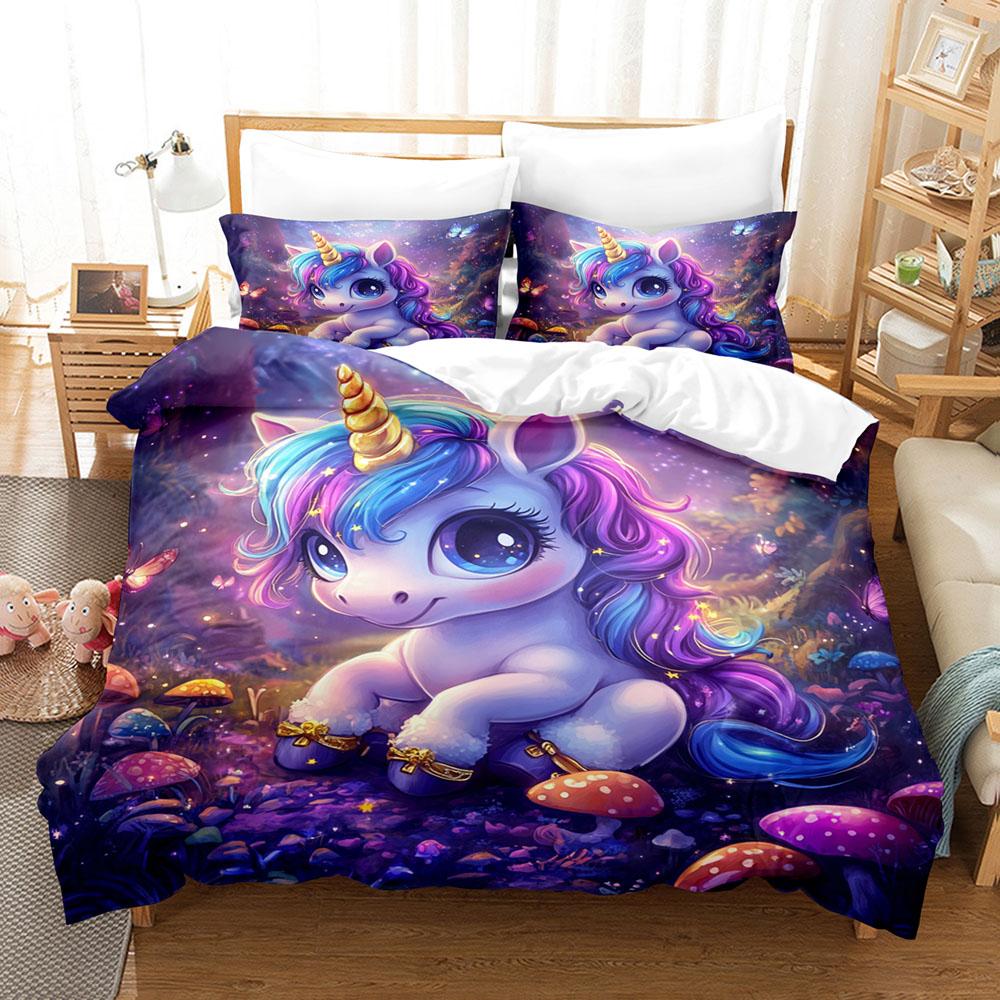 Cartoon Bedding Set Unicorn Rainbow 3D Printed Duvet Cover Set Soft Skin-Friendly Single Double King Size for Kids Birthday Gift