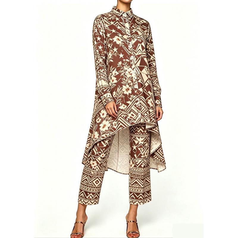 Summer new sunset seascape floral print irregular lapel long-sleeved shirt nine-point pants women's casual suit