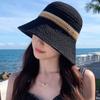 Flat Brim Hollow Straw Cap Contrast Stripes Sun Hat Simple Wide Brim Bucket Hat  Outdoor