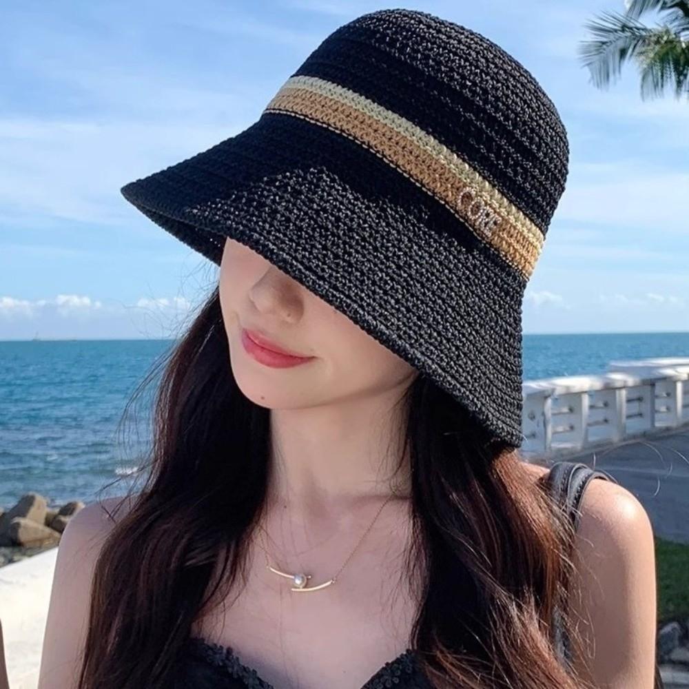Flat Brim Hollow Straw Cap Contrast Stripes Sun Hat Simple Wide Brim Bucket Hat  Outdoor
