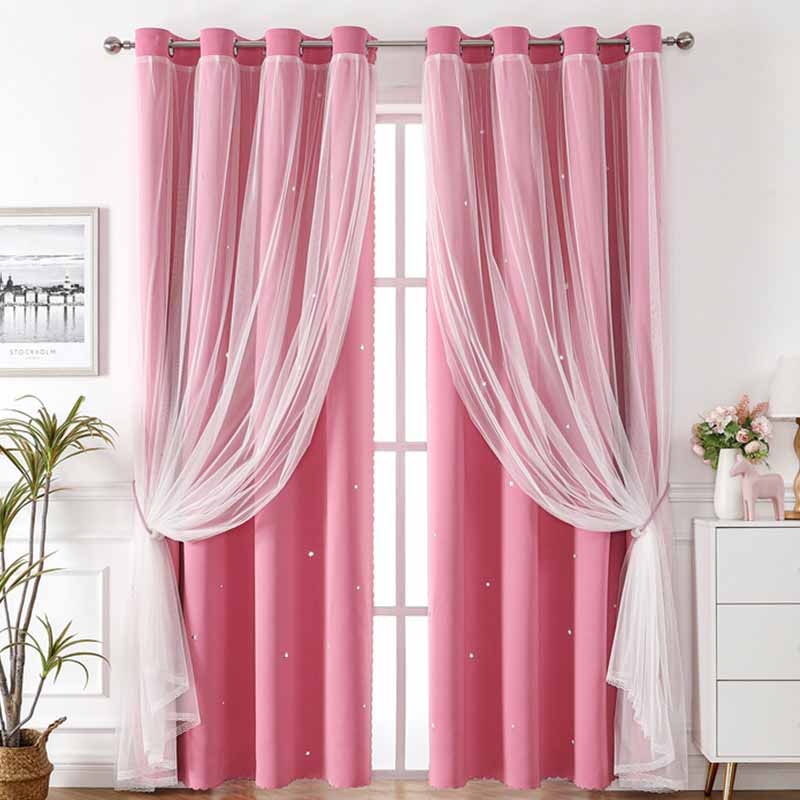 Lace Sheer+Blackout Curtains Double Layer Star-Pattern Drapes Sun Filtering Window Sheers Elegant Living Room Bedroom Decor