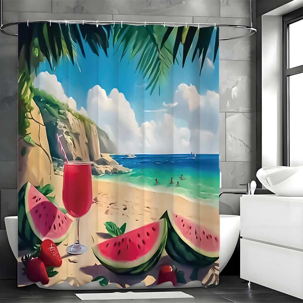 Summer Ocean Watermelon Plant Shower Curtain, Bathroom Decorative Shower Curtain, Waterproof Shower Curtain with Hooks
