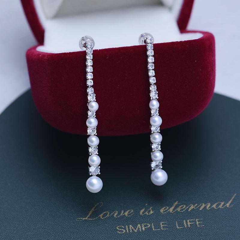

4-6mm Freshwater Pearl S925 Silver Long Dangle Earrings with Strong Luster