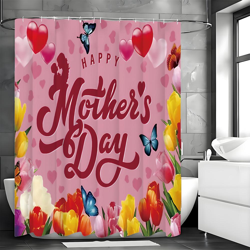 Morsdag Tulpanblomma Duschdraperi, Dekorativt Duschdraperi för Badrum, Vattentätt Duschdraperi med Krokar