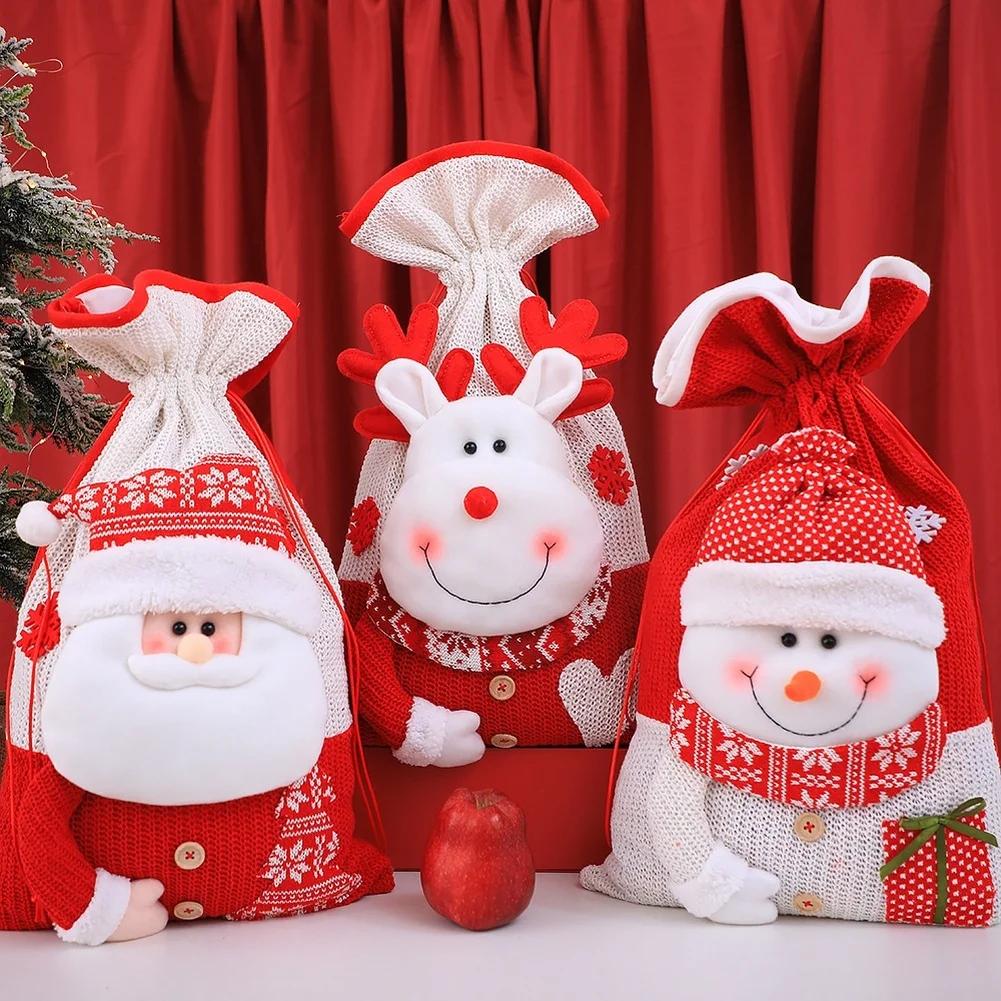 Large Christmas Drawstring Present Bag For Kids Elderly Candy Santa Snowman Christmas Large Santa Claus Bags For Xmas Present