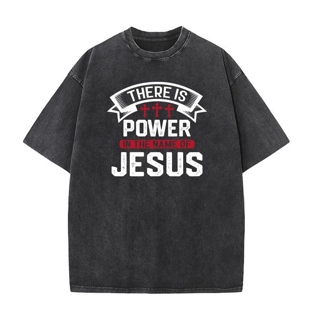 Vintage Washed Black Streetwear T-Shirt "Power in the Name of Jesus" Graphic Tee