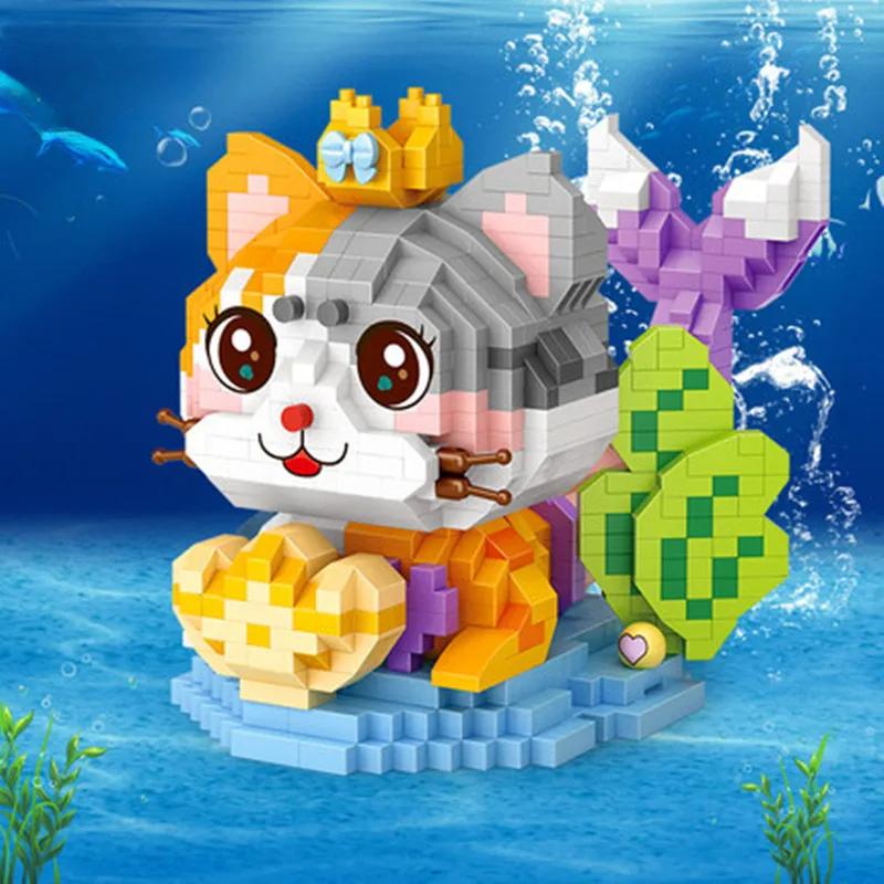 Charming Cat Mermaid Building Blocks Toys for Girls Birthday Gift Animals Blocks Collection Assembly Toys for Children Adults